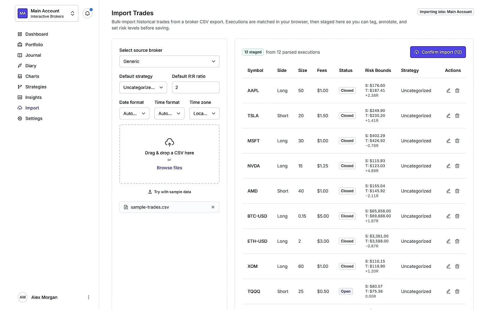 The import staging table: twelve parsed executions with side, size, fees, risk bounds and strategy, ready to confirm.
